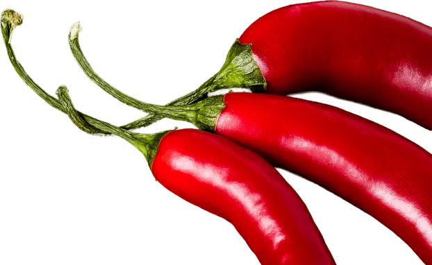 Three red chili peppers on black.