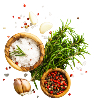 Here's an alt tag for the image: `Rosemary, salt, peppercorns, and garlic`